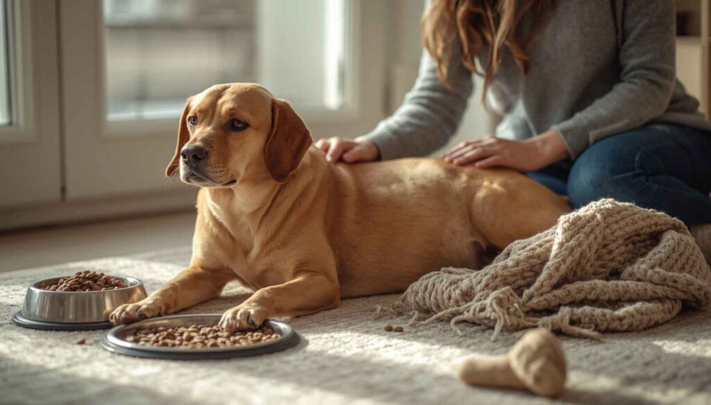 Pregnant dog resting comfortably with healthy food and fresh water nearby