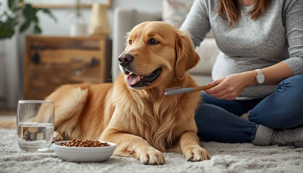 Pregnant dog receiving proper nutrition, gentle exercise, and daily care at home