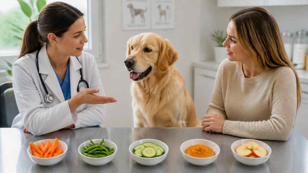Comparison of carrots, green beans, cucumber, pumpkin, and apple as healthy dog treats.