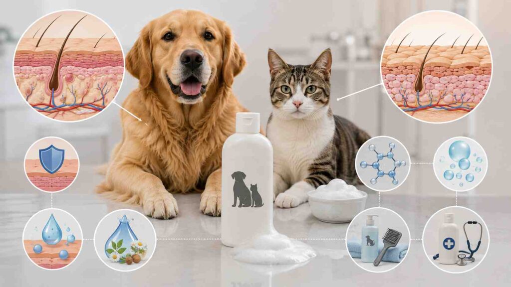 Dog and cat skin illustration comparing skin barriers, shampoo formulations, and factors beyond pH.