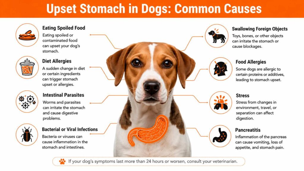 Dog surrounded by common causes of stomach upset including diet changes and parasites