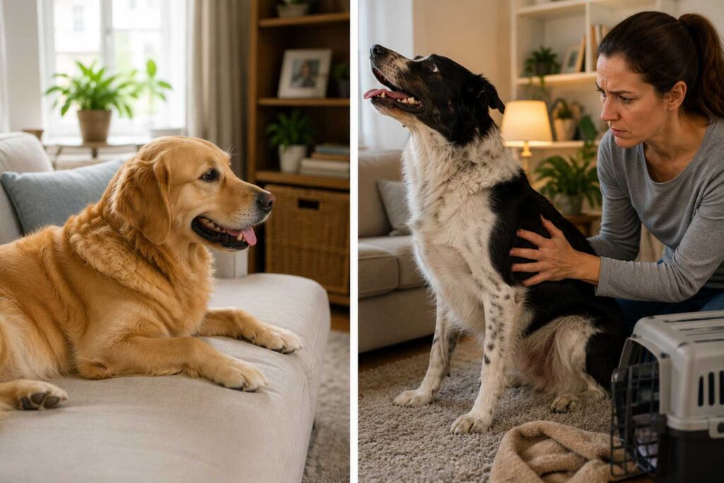 Comparison of a dog breathing comfortably and a dog showing increased breathing effort