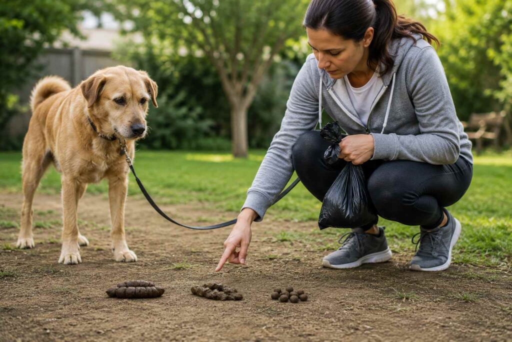 Dog owner checking stool consistency for clues related to recurring scooting