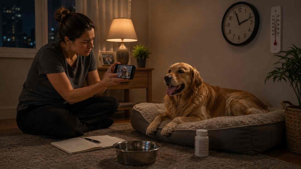Owner recording a panting dog's breathing and symptoms on a smartphone before calling the veterinarian.