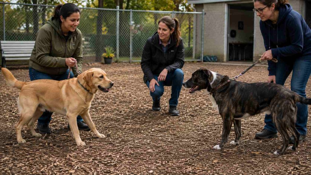 Resident dog calmly meeting a potential second dog outdoors while two handlers observe their body language.