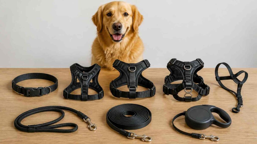 Common dog walking equipment including a flat collar, front-clip harness, back-clip harness, head halter, and leash arranged for comparison.