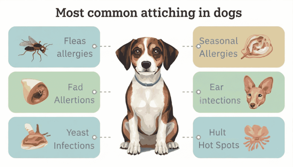Veterinary infographic comparing common causes of itching in dogs including allergies, fleas, infections, and food sensitivities.