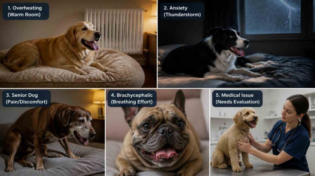 Dogs showing different medical and non-medical reasons for nighttime panting, including heat, anxiety, pain, and breathing difficulty.