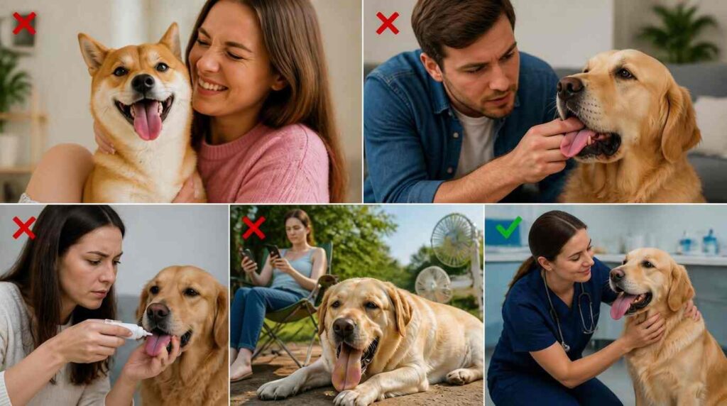 Collage showing common owner mistakes, including pulling a dog's tongue, using human creams, ignoring heavy panting, and the correct veterinary approach.