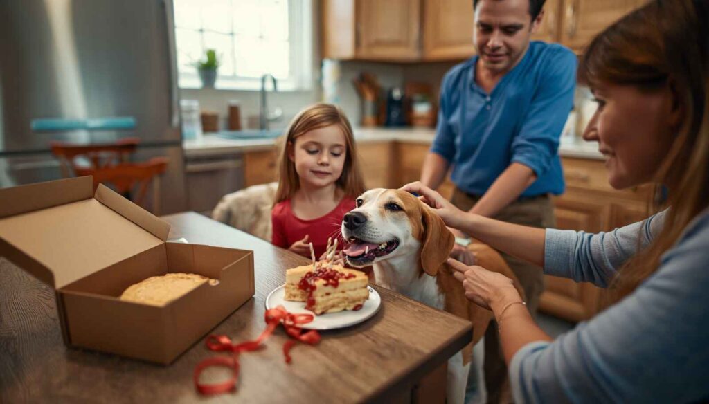 Common cake safety mistakes including human cake and wrappers left within reach of a dog