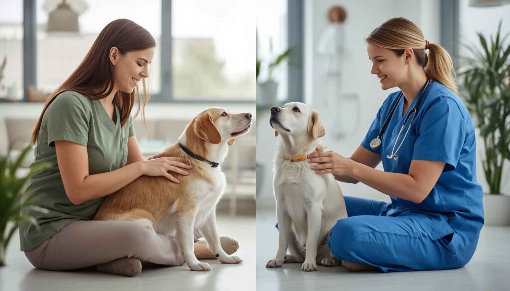 First-time dog owner learning proper pregnancy care from a veterinarian