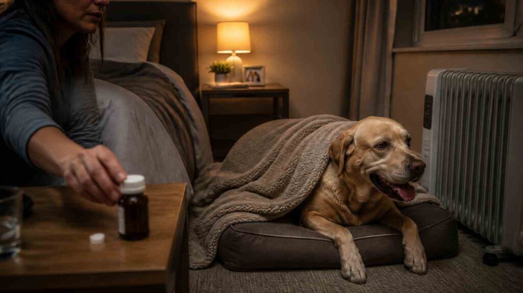 Dog owner making common mistakes while caring for a panting dog at night, including using thick blankets and reaching for human medication.