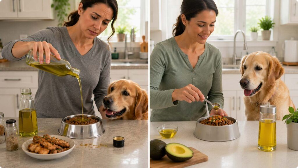Side-by-side comparison showing common avocado oil feeding mistakes and responsible portion control for dogs.
