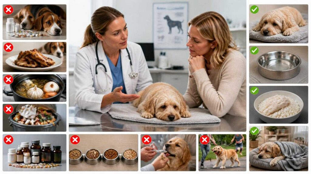 Examples of common mistakes dog owners make during digestive illness, including human medication, fatty foods, and force-feeding.
