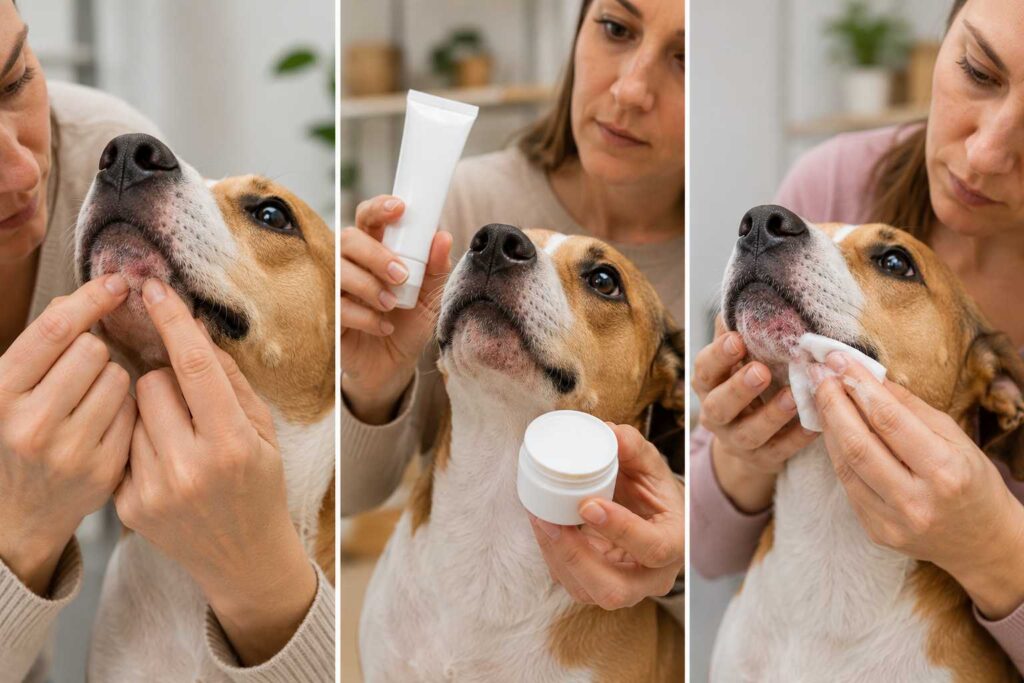 Dog owner avoiding squeezing, human skincare products, and aggressive scrubbing of an irritated dog chin.