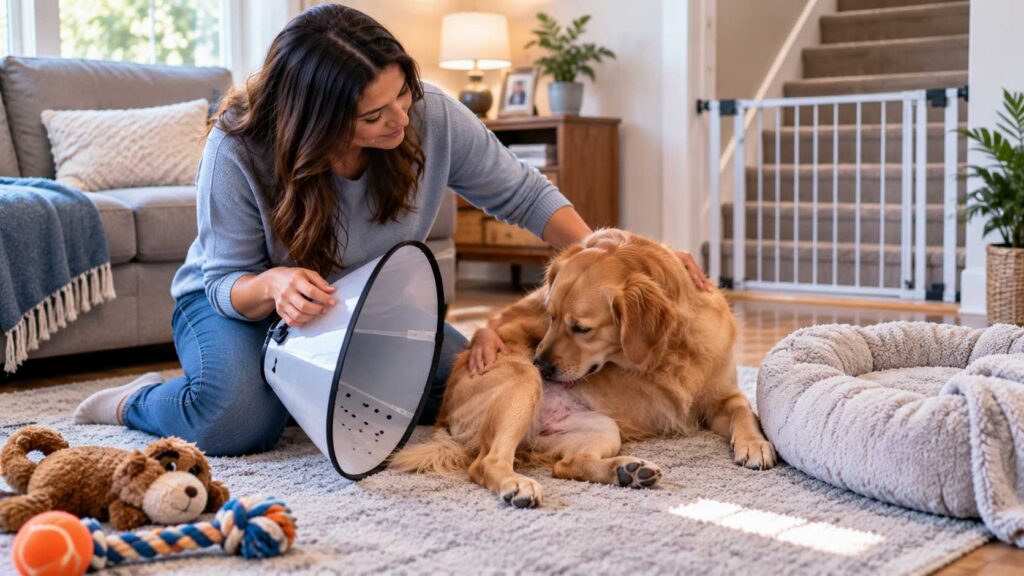 Owner preventing a recovering female dog from licking her surgical area after a spay