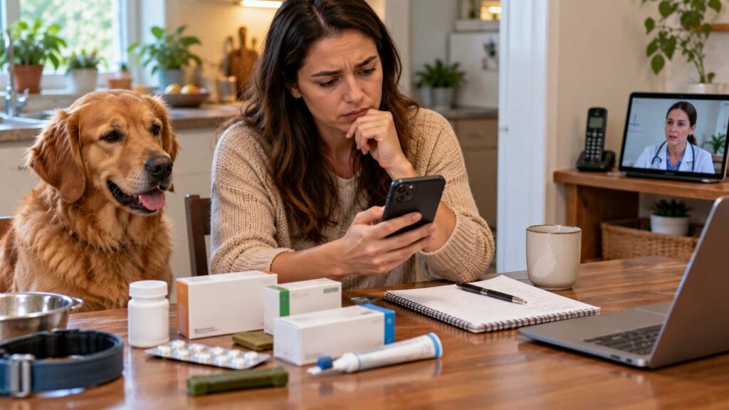 Concerned dog owner reviewing pet medication packages and online information before contacting a veterinarian.