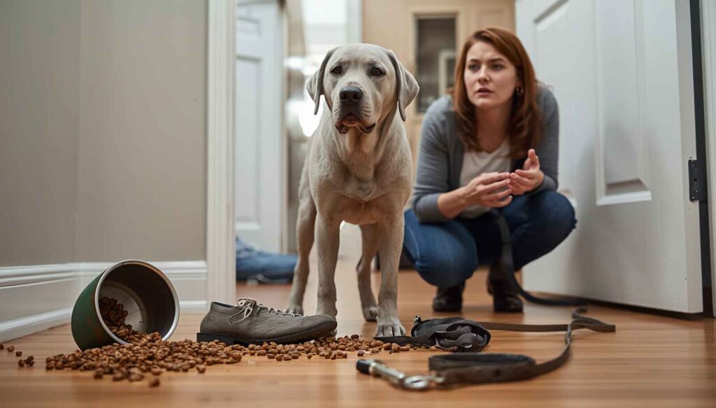 Young Silver Labrador at home with an overflowing food bowl, chewed shoe and unused grooming brush
