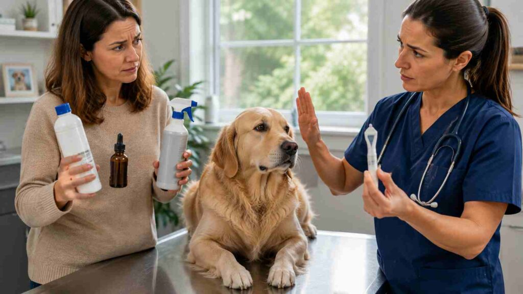 Veterinarian stopping a dog owner from using human lice shampoo, essential oils, and household insect spray on a dog.