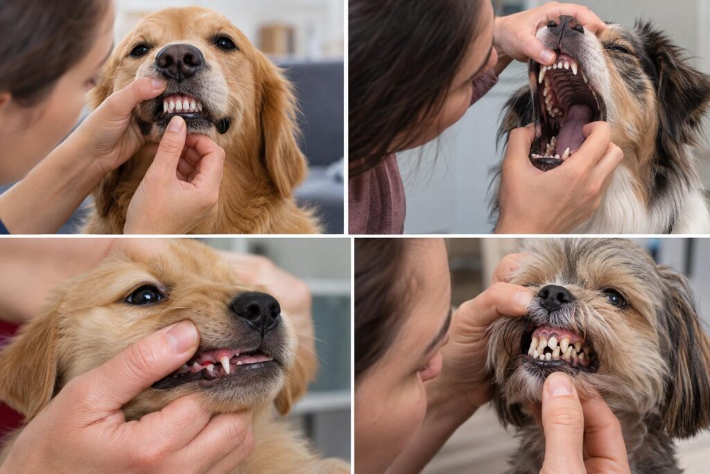 Dog owners making common mistakes while checking and counting puppy and adult dog teeth at home