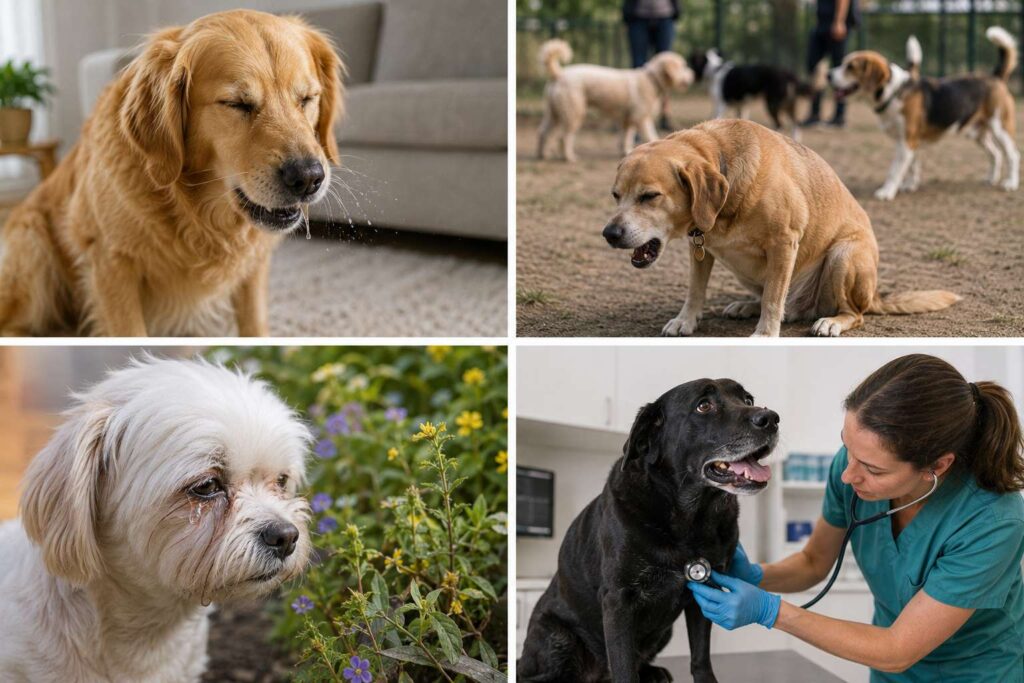 Dogs showing different cold-like signs including sneezing, coughing and watery eyes