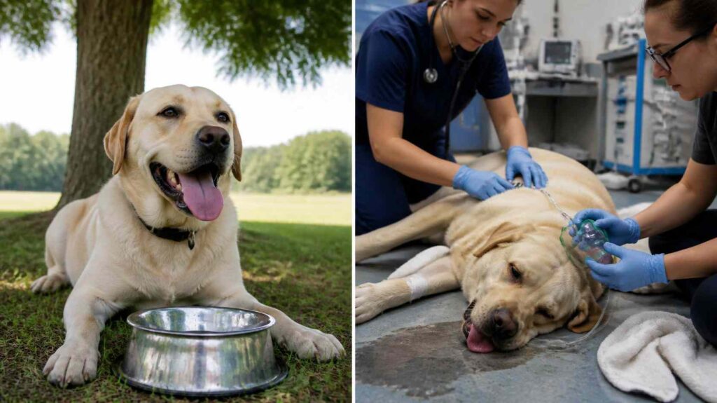 Split comparison showing a dog panting normally after exercise and another dog suffering heatstroke while receiving emergency veterinary treatment.