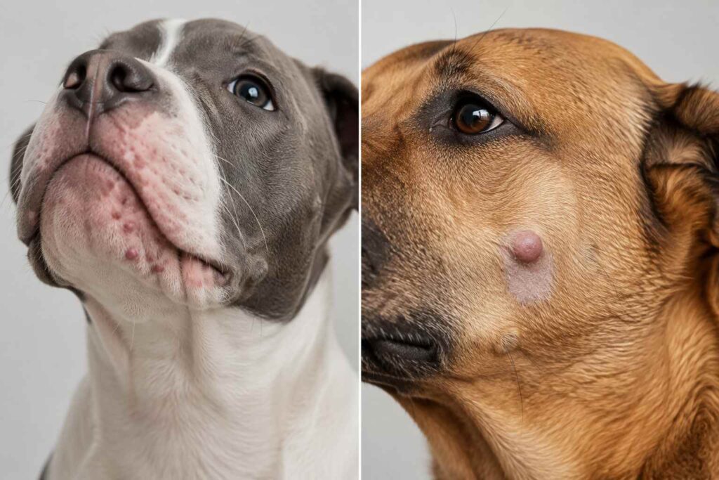 Comparison of clustered chin bumps on one dog and a single isolated raised skin lump on another dog.