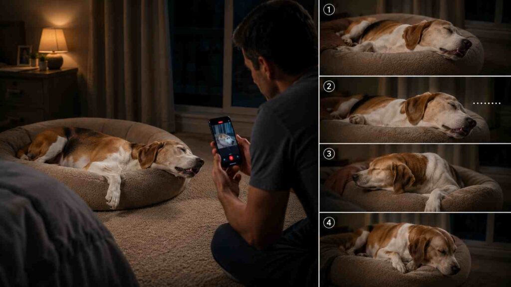 Dog sleeping with its head and neck extended while the owner records unusual nighttime breathing.