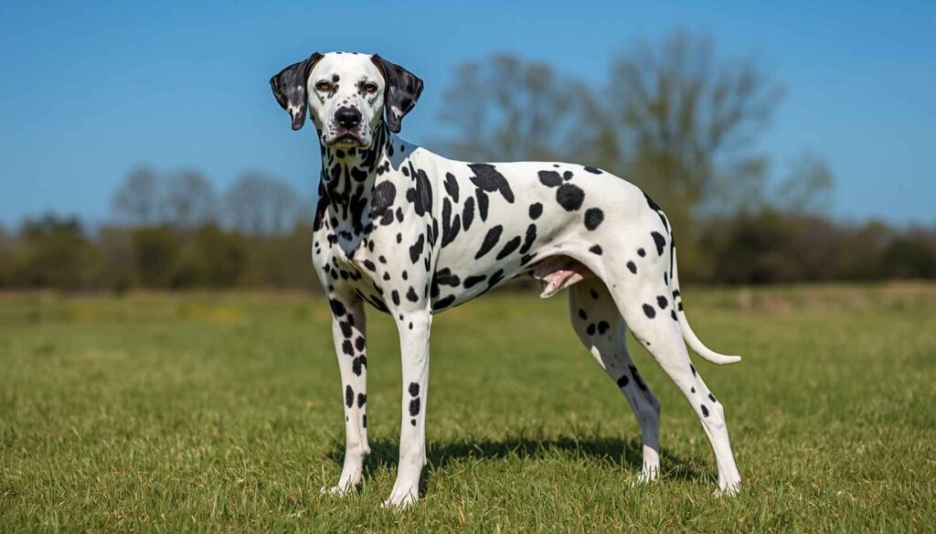 Healthy Dalmatian dog standing outdoors showing its distinctive black spotted coat