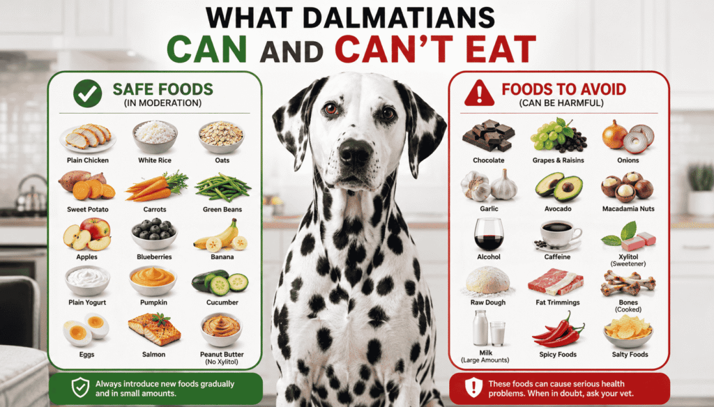 Dalmatian with healthy food choices and foods linked to uric acid issues