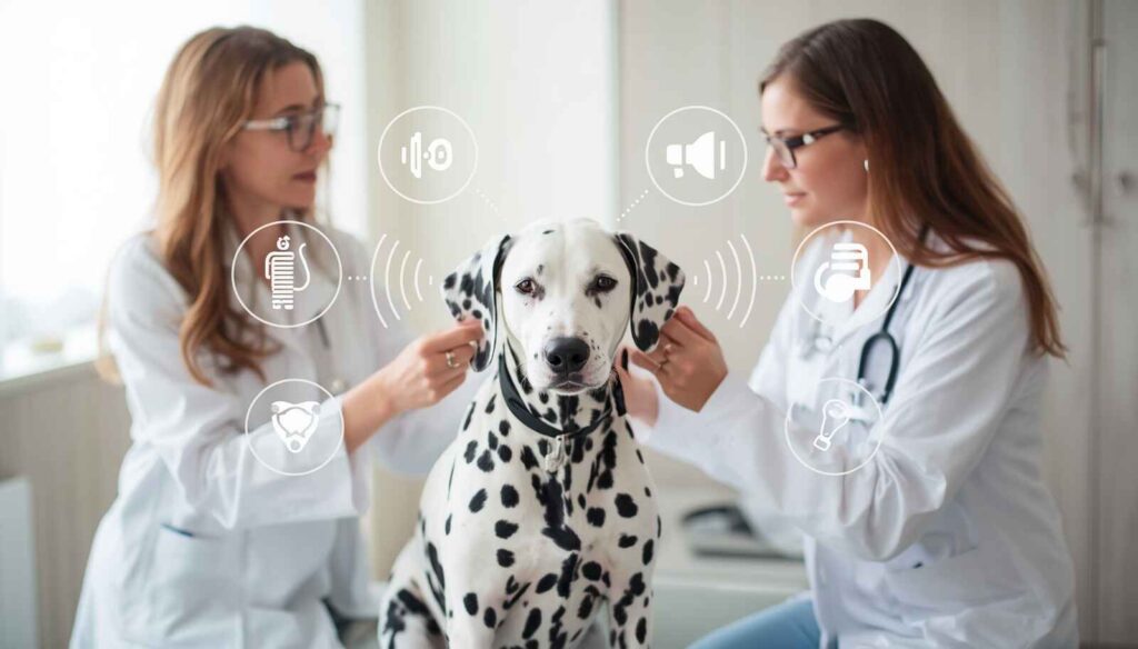 Veterinarian performing a hearing assessment on a Dalmatian dog