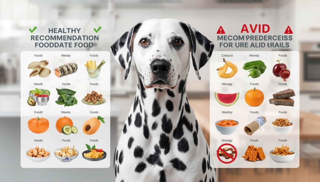 Dalmatian with healthy food choices and foods linked to uric acid issues