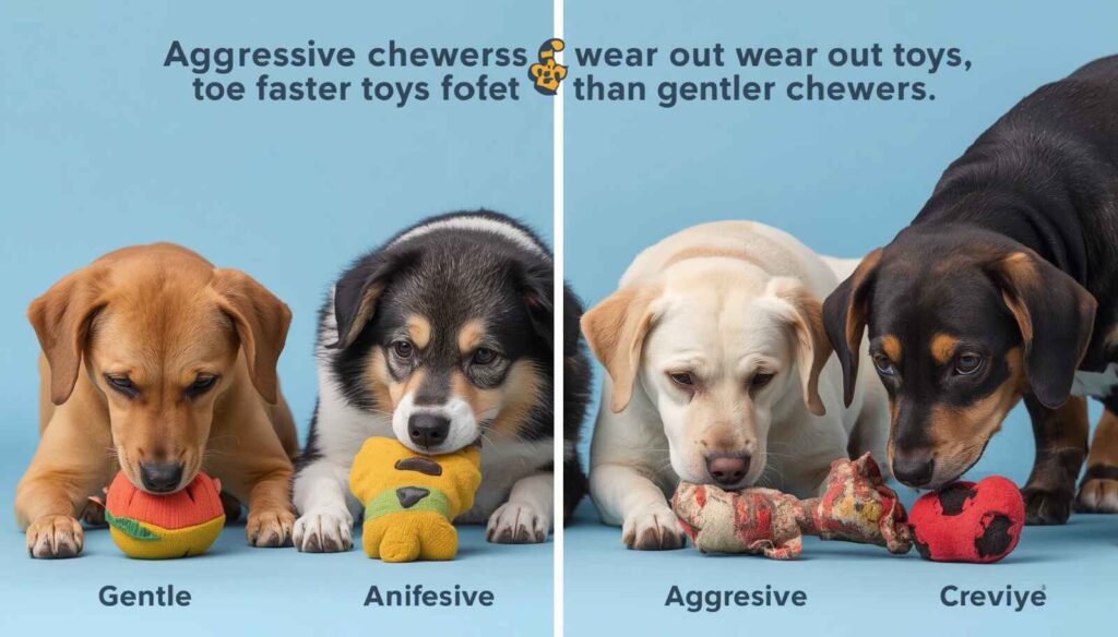 Different dog breeds sizes and chewing styles affecting toy lifespan and durability