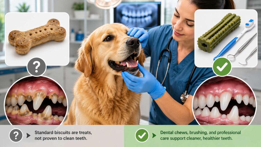 Veterinarian examining a dog's teeth while comparing a standard dog biscuit with a dental chew to show the difference in supporting canine dental health.