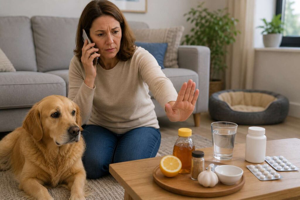 Dog owner calling a veterinary clinic instead of giving home remedies after suspected medication exposure