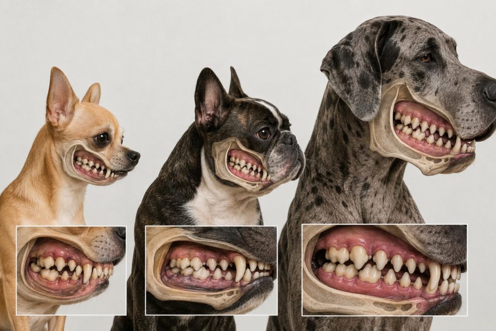 Chihuahua, French Bulldog, and Great Dane showing differences in jaw size, tooth spacing, and dental crowding