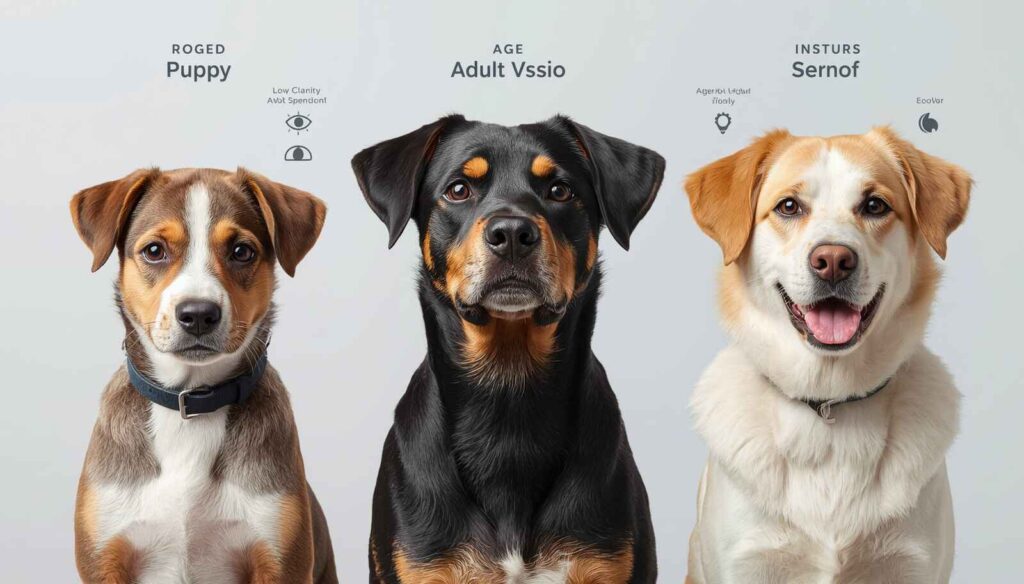 Different dog breeds and age groups illustrating variations in night vision ability
