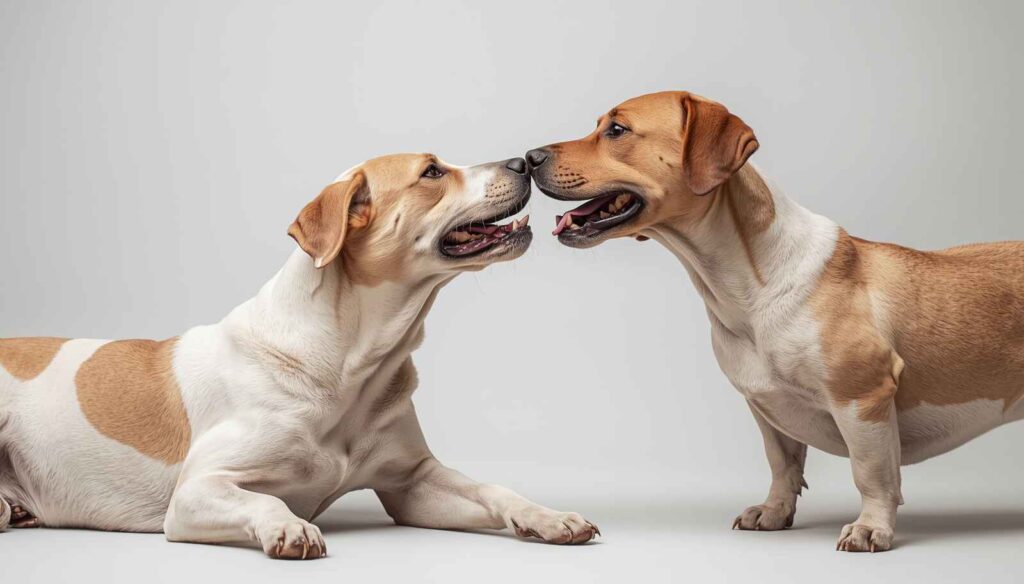 Two dogs displaying friendly body language and positive social interaction during a meeting