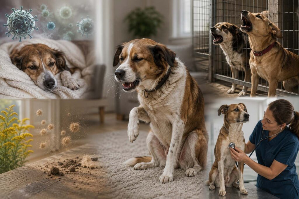Can dogs get colds illustration showing several possible causes of coughing and sneezing in dogs