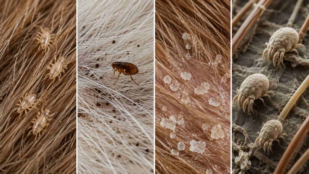 Veterinary comparison showing dog lice, fleas, dandruff, and mites as possible causes of coat and skin problems.