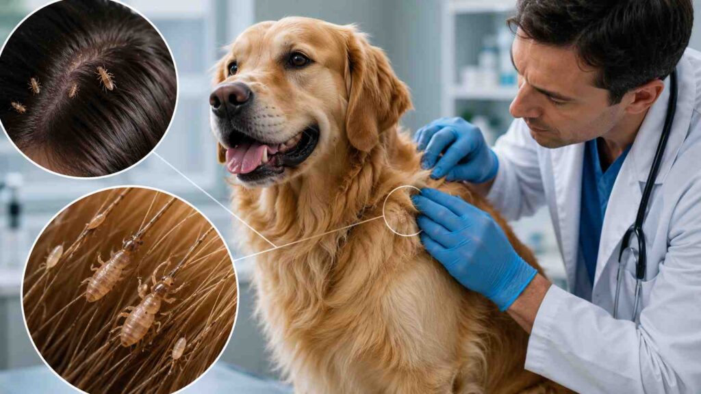 Veterinarian examining a dog with a magnified view of canine lice and nits attached to the fur.