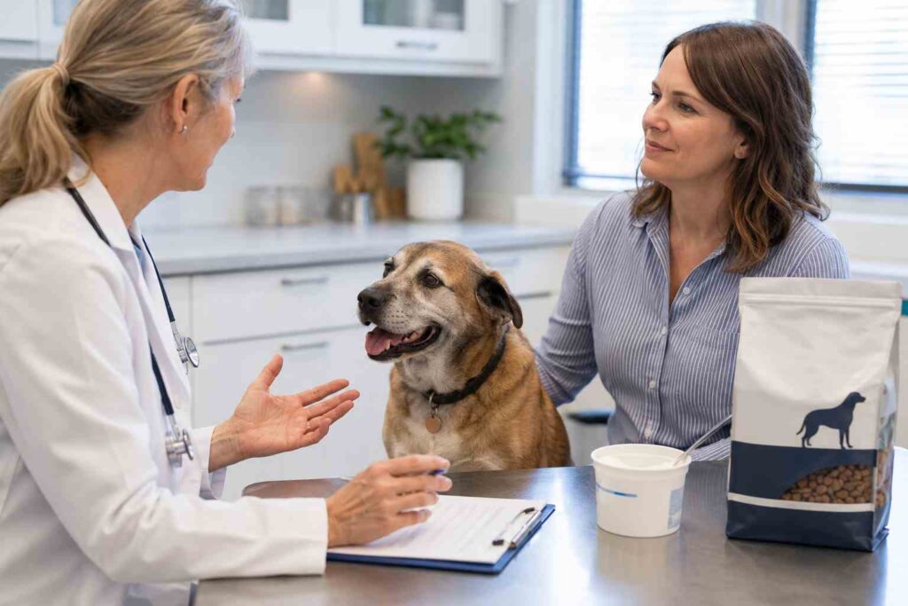Veterinarian discussing yogurt and dietary choices with a dog owner