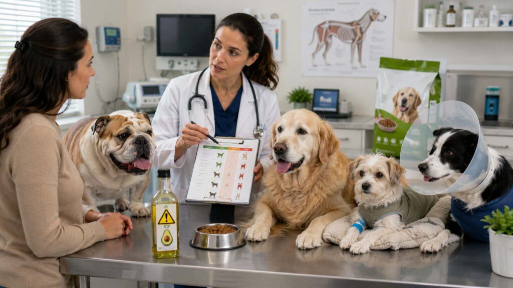 Veterinarian discussing which dogs may need to avoid added avocado oil, including overweight, senior, recovering, and medically treated dogs.
