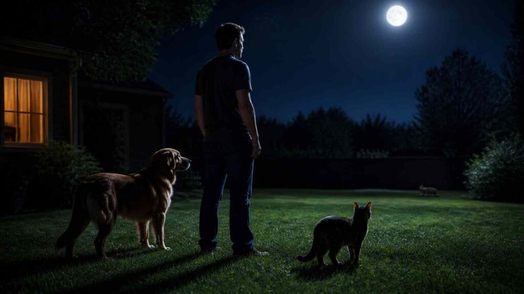 Side-by-side comparison of a dog, human, and cat navigating the same moonlit environment at night.
