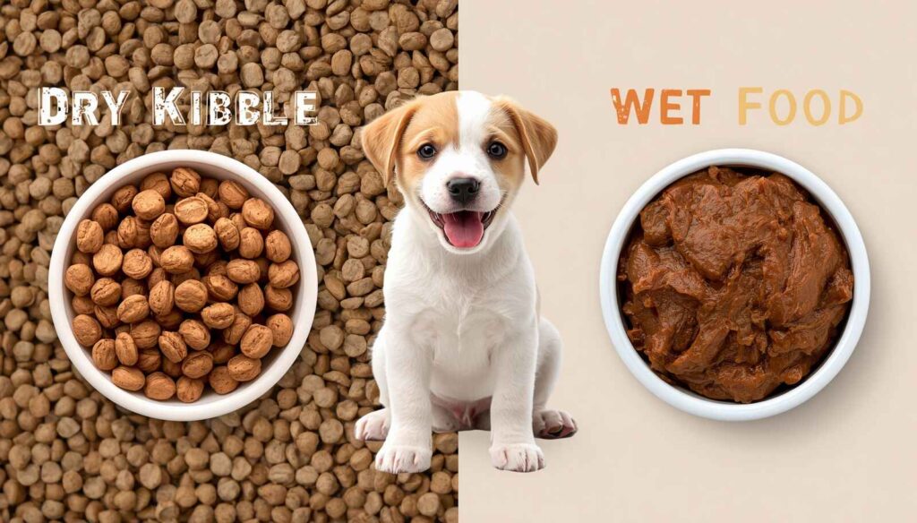 Comparison of dry puppy food and wet puppy food with portion sizes