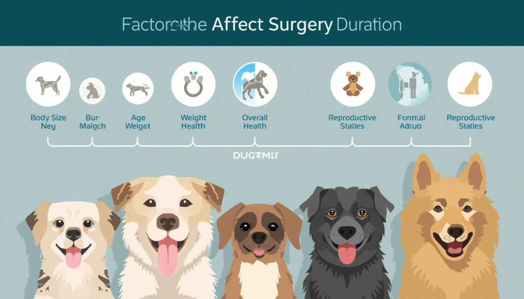 Infographic showing dog size age weight and health factors that affect spay surgery duration