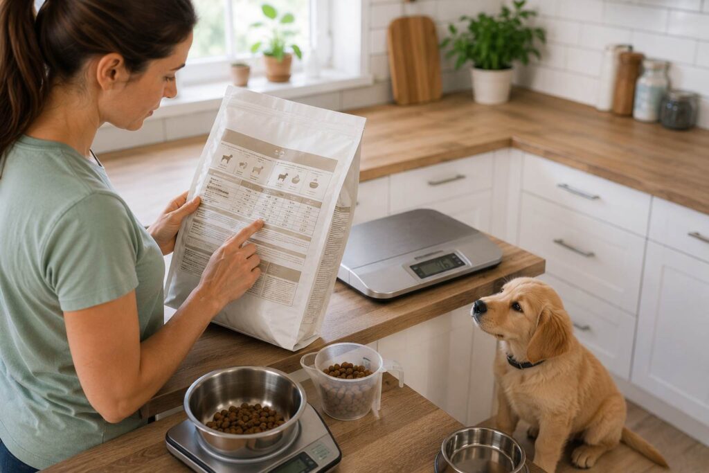 Owner checking a puppy food feeding guide while measuring kibble for a healthy young puppy