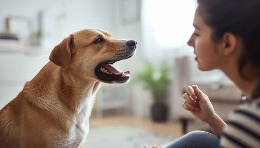 Dog owner observing signs of throat discomfort and swallowing changes in a dog
