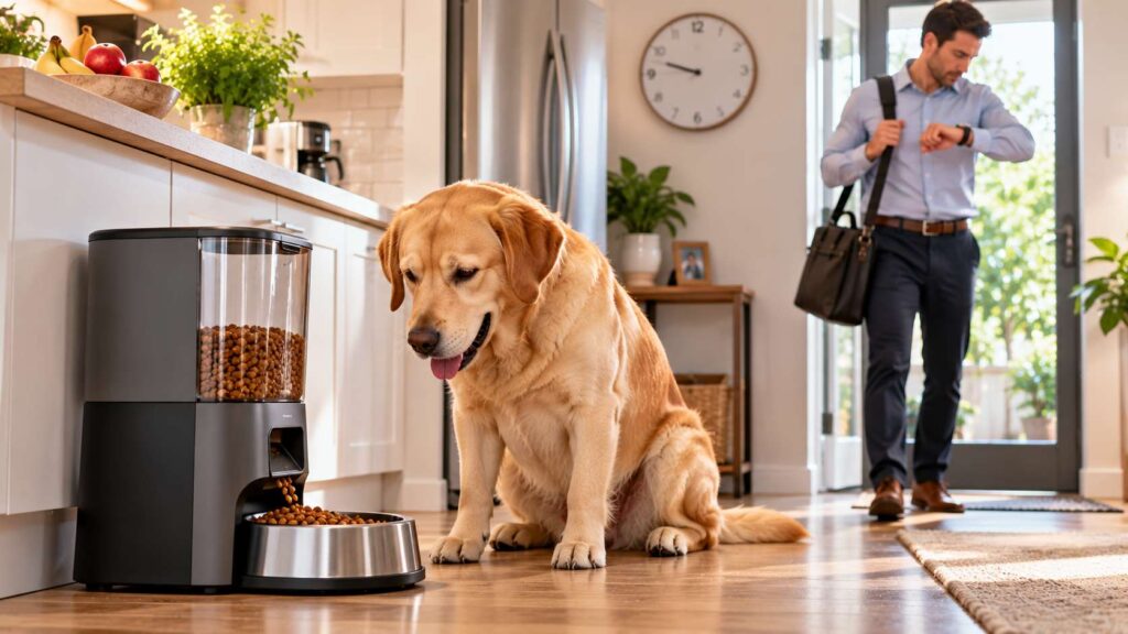 Are Automatic Dog Feeders Worth It? A Labrador waits beside a timed feeder as its owner prepares for work.