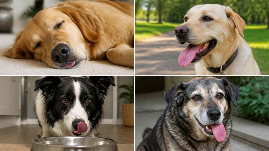 Why Does My Dog Stick Her Tongue Out? Comparison showing a sleeping dog, panting dog, tongue flicking, and a dog with a constantly exposed tongue.